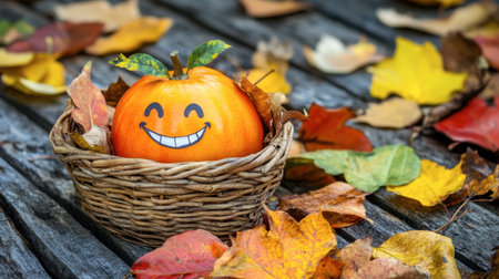 A cheerful pumpkin with a smiling face sits in a woven basket, surrounded by colorful autumn leaves on a rustic wooden surface, capturing the essence of fall.の素材