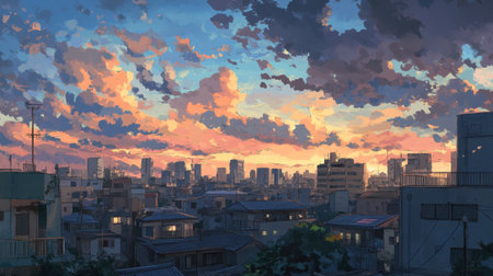 A stunning sunset paints the sky with vibrant hues over an urban cityscape, showcasing an enchanting blend of buildings and tranquil clouds.の素材