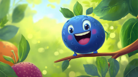 A cheerful blueberry character smiles joyfully on a branch amidst vibrant greenery, creating a whimsical and playful atmosphere perfect for children's illustrations or designs.の素材