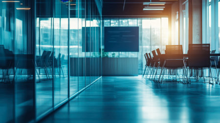 A serene and modern office interior featuring glass walls and sunlight streaming in, creating a calm and professional work environment ideal for meetings or productivity.の素材