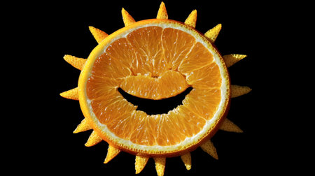 This artistic image features a bright orange slice shaped like a smiling sun, radiating warmth and cheerfulness, perfect for summer-themed designs.の素材