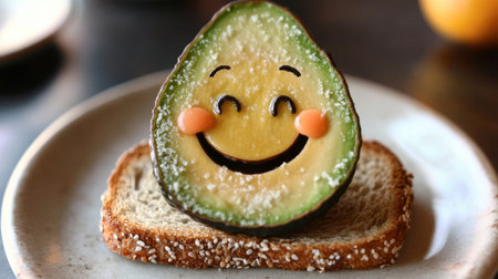 A cheerful avocado slice with a smiling face placed on a piece of toast, perfect as a fun and healthy breakfast or snack. Great for food photography.の素材