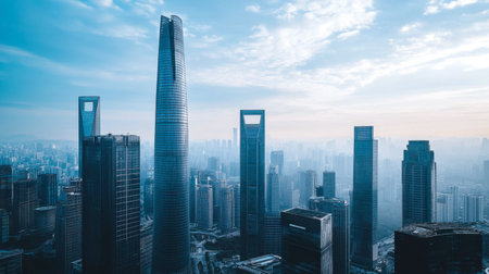 Breathtaking view of a modern city skyline featuring towering skyscrapers under a blue sky. The image captures urban architecture and vibrant city life.の素材