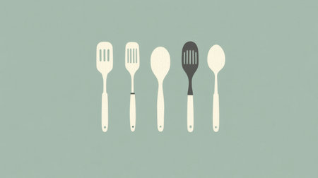 A collection of kitchen utensils including spatulas and spoons on a minimalist background, highlighting the beauty of cooking tools in a simple design.の素材