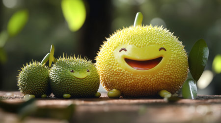 This whimsical image features cute cartoon fruits with smiling faces, exuding joy and playfulness. A delightful scene in nature perfect for kids' themes.の素材
