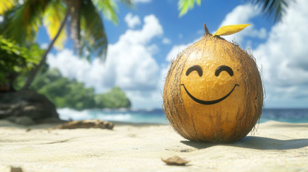 A cheerful coconut with a smiling face sits on a sandy beach, surrounded by palm trees and the blue ocean, capturing the essence of summer and relaxation.の素材