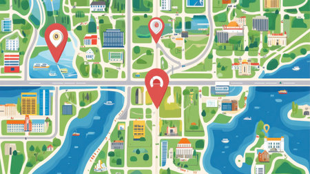 A vibrant city map illustration featuring notable landmarks, pathways, and location markers, ideal for travel guides, navigation apps, and urban planning projects.の素材