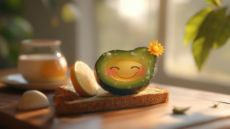 A cheerful avocado with a smiley face and a lemon slice sits on toast, surrounded by natural light. Perfect for breakfast or food photography.の素材