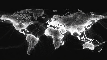 A striking visual of a world map illuminated by light trails, symbolizing global connectivity and the flow of information across borders.の素材