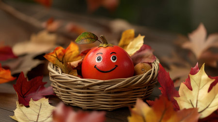 A playful tomato with a smiling face sits in a rustic basket, surrounded by colorful autumn leaves, creating a warm and cheerful seasonal display.の素材