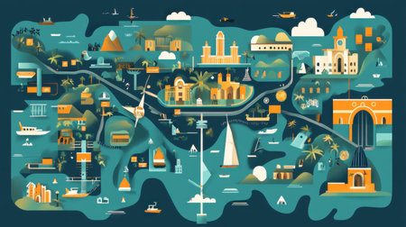A vibrant illustrated map showcasing coastal city landmarks, featuring scenic views, nature, and cultural highlights, perfect for travel enthusiasts and art lovers.の素材