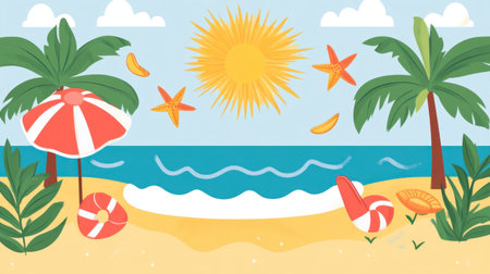 A vibrant summer beach scene featuring sun, palm trees, and colorful beach accessories. Ideal for themes of vacation, relaxation, and coastal beauty.の素材