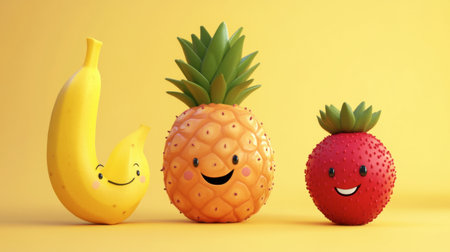 Three cheerful cartoon fruitsの素材