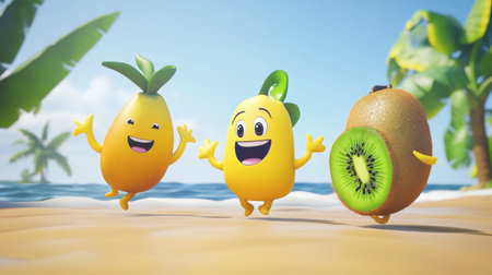 Three cheerful cartoon fruit characters enjoy a sunny beach day, showcasing vibrant colors and playful expressions, perfect for summer-themed designs.の素材