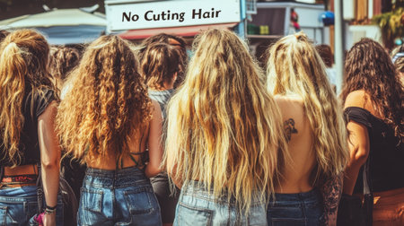 A group of young women enjoys a sunny day, showcasing their beautiful long hair in a casual outdoor setting. The image reflects joy and freedom in personal choice.の素材
