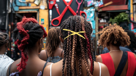 Vibrant hair braids showcase unique styles and colors against an artistic backdrop featuring scissors, representing creativity and cultural expression.の素材