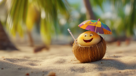 A cheerful emoji character sits in a coconut shell under a colorful umbrella at a tropical beach, radiating joy and playfulness amidst sandy surroundings.の素材