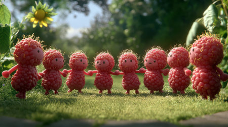 Bright and whimsical characters gather in a sunny garden, showcasing friendship and joy. Perfect for creative, playful themes in various projects.の素材