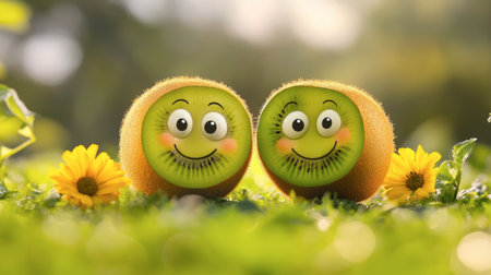 Two adorable kiwis with smiling faces sit among yellow flowers in a bright garden. This cheerful scene captures the essence of fun and freshness, perfect for healthy food themes.の素材