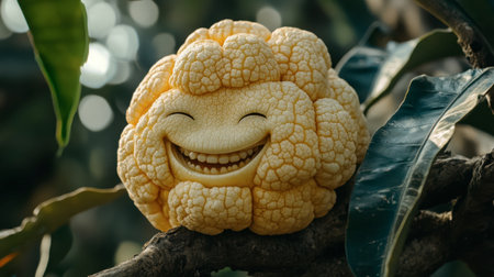 A cheerful cauliflower character with a big smile adds a playful touch to a natural setting. This vibrant image captures joy and whimsy in a fresh, organic environment.の素材