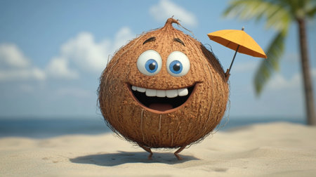 A cheerful cartoon coconut character happily sits on a sandy beach, complete with a small umbrella, radiating fun and relaxation in a vibrant tropical setting.の素材