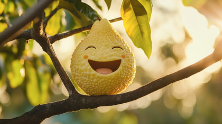 A cheerful yellow fruit with a smile sits on a tree branch, surrounded by vibrant greenery and sunlight, evoking feelings of happiness and joy.の素材