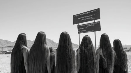 A captivating monochrome image of women with long hair dressed in black, standing in front of a sign in a deserted landscape, highlighting themes of identity and culture.の素材