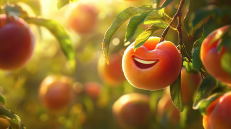 A cheerful peach with a smiling face hangs among lush green leaves, illuminated by warm sunlight. This vibrant image captures the joy of nature's bounty.の素材