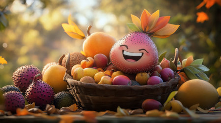 A vibrant and cheerful fruit basket adorned with autumn leaves, featuring smiling fruit characters. Perfect for seasonal decor and joyful themes.の素材