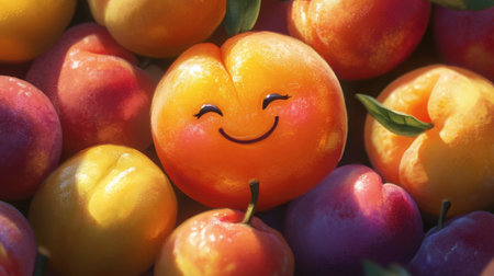A cheerful peach with a smile surrounded by fresh fruits, showcasing vibrant colors and a sunny atmosphere, perfect for promoting healthy eating and joy.の素材