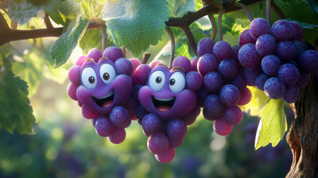 Two cheerful cartoon grapes with smiling faces hang from a vine. They embody joy and playfulness in a vibrant, lush background full of green leaves and sunlight.の素材