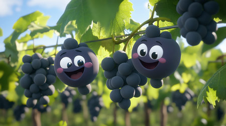 Two cheerful cartoon grapes with friendly faces hang in a sunlit vineyard, surrounded by lush green leaves, creating a whimsical and joyful scene.の素材