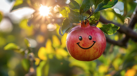 A delightful closeup of a smiling apple hanging on a tree, capturing the essence of joy in a sunny orchard. Perfect for portraying happiness and nature.の素材