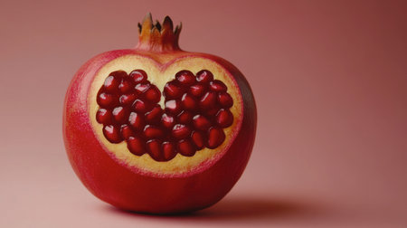 A vibrant pomegranate with a heart-shaped cutout revealing its juicy seeds, set against a soft pink background, ideal for love-themed projects.の素材