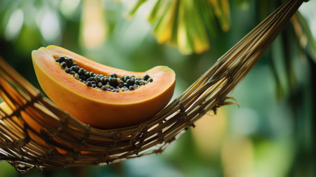 A beautifully sliced papaya rests on a natural hammock, showcasing its vibrant orange flesh and dark seeds. This tropical fruit symbolizes relaxation and healthy living.の素材