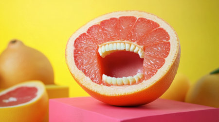 An eye-catching and whimsical image of grapefruit with a mouth, showcasing a playful expression against a vibrant yellow background. Perfect for creative projects.の素材