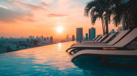 Experience a tranquil sunset view from a luxurious rooftop infinity pool surrounded by a vibrant city skyline and palm trees, ideal for relaxation.の素材