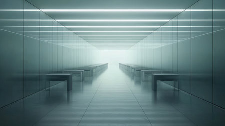 A modern minimalist interior featuring glass walls and bright lighting. This empty space captures a serene atmosphere, perfect for creative projects and exhibitions.の素材