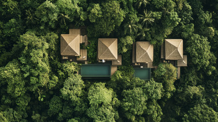 An aerial view showcases luxurious tropical villas surrounded by lush greenery, offering a serene escape into nature perfect for relaxation and tranquility.の素材