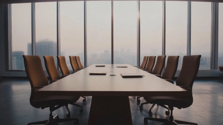 A spacious modern conference room featuring a large table and ergonomic chairs. The room offers a stunning view of the city through expansive glass windows.の素材
