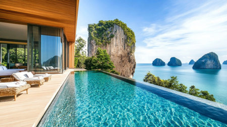 Experience a serene getaway at this luxurious villa featuring an infinity pool and stunning ocean views, surrounded by natural beauty and tranquility.の素材
