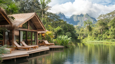 Discover a peaceful lakeside retreat surrounded by lush greenery and serene mountains, perfect for vacations, relaxation, and nature appreciation.の素材