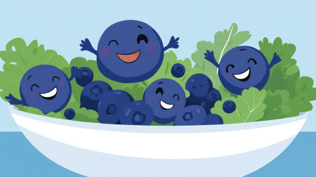 A fun illustration featuring smiling blueberries surrounded by fresh greens in a bowl. Perfect for promoting healthy eating and joyful snacks.の素材