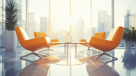 A bright and inviting modern office space featuring vibrant orange chairs and a sleek table, illuminated by warm sunlight streaming through large windows.の素材