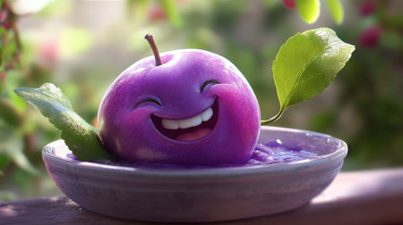 A joyful cartoon fruit character smiles from a plate, showcasing vibrant colors and playful design. Perfect for food or nature-themed projects.の素材