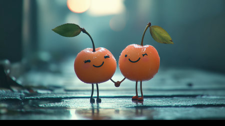 Two cheerful cartoon cherries hold hands in a vibrant, playful scene. Their bright colors and happy expressions evoke feelings of joy and friendship. Perfect for creative projects.の素材