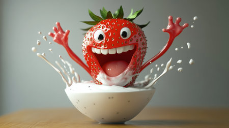 A joyful cartoon strawberry with a big smile splashes in a creamy bowl, creating a playful and vibrant scene perfect for food-themed designs or promotions.の素材