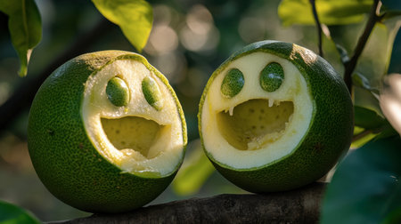 Two cheerful fruit faces carved from green fruit sit among leaves, radiating joy and playfulness. This whimsical image captures happiness and creativity in nature.の素材