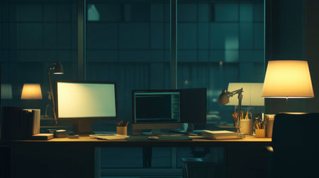 Serene modern office workspace featuring computers, a desk lamp, and organized supplies. Perfect for representing creativity and productivity at night.の素材