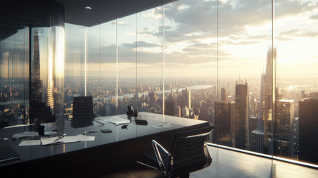 A sleek modern office featuring a glass wall with a breathtaking skyline view at sunset, showcasing urban architecture and a serene workspace.の素材